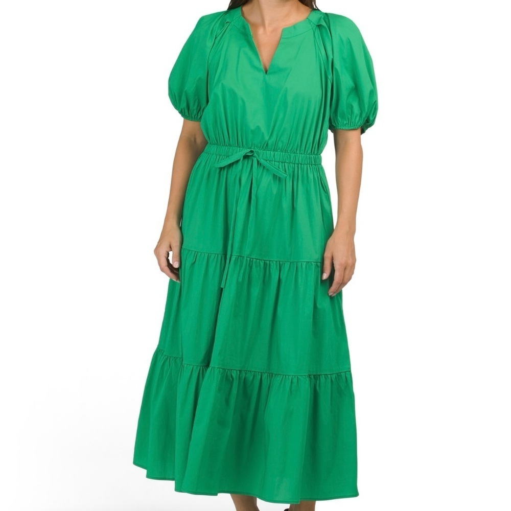 NWT ANNE KLEIN Green Puff Short Sleeve V-Neck Tiered Ruffle Dress Size Small - Picture 3 of 5